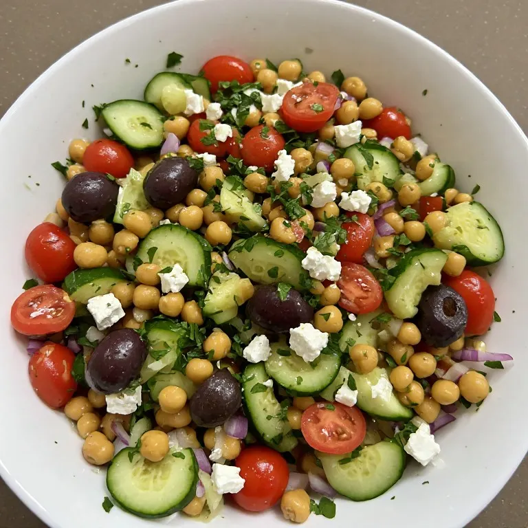 Greek chickpea salad served in ceramic bowl with fresh herbs and lemon wedge
