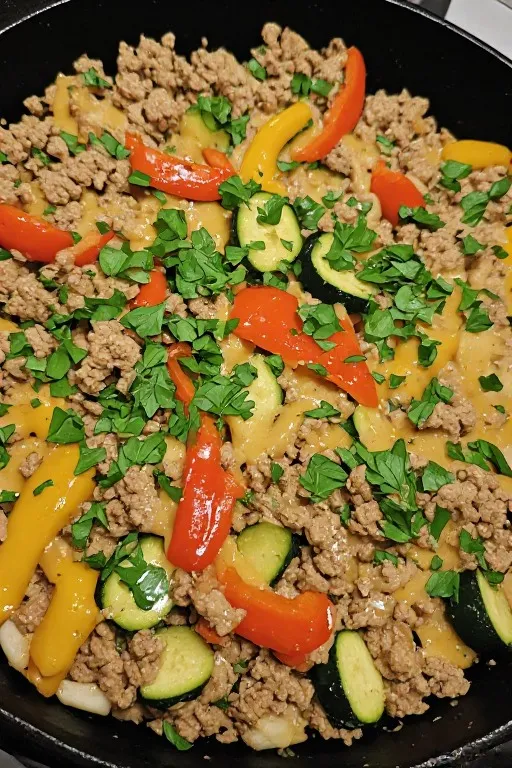 Ground turkey skillet with melted cheese and vegetables in cast iron pan