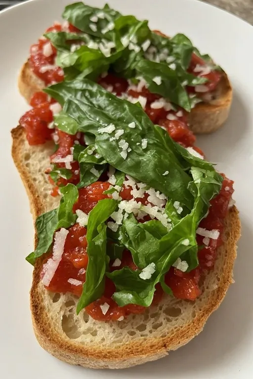 healthy bruschetta with fresh basil and shaved parmesan