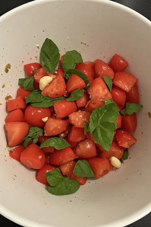 Diced tomatoes mixed with basil and garlic in bowl