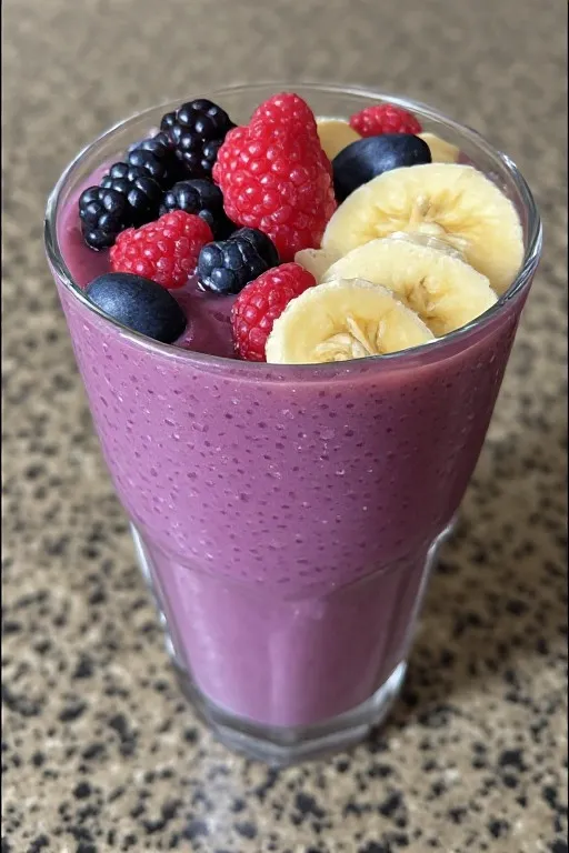 Two healthy fruit smoothies on wooden table with fresh fruit around them