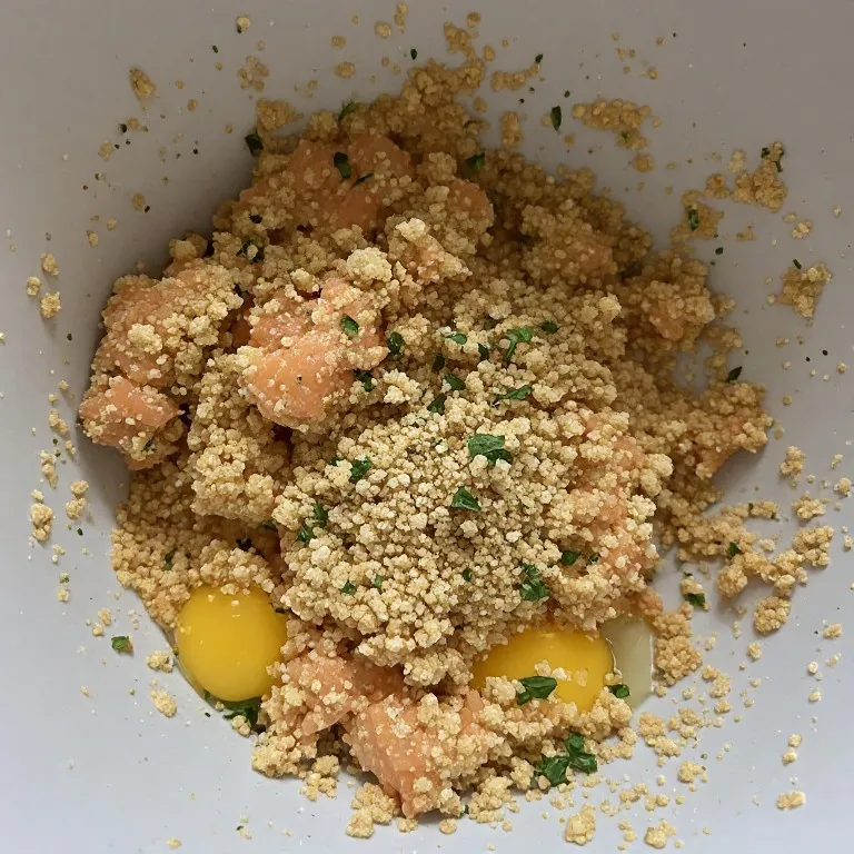 Salmon patty mixture with breadcrumbs egg and herbs in bowl before shaping