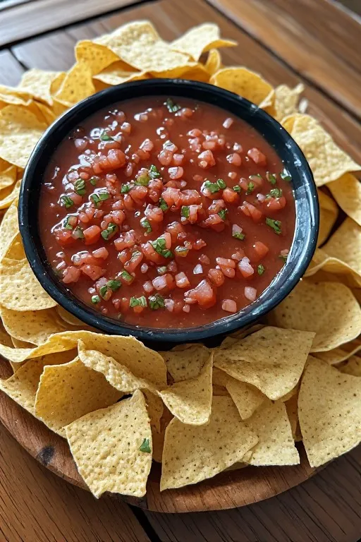 Finished homemade salsa in bowl with tortilla chips and lime wedges