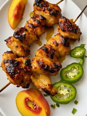 Jalapeño peach chicken skewers with caramelized glaze on plate ready to serve