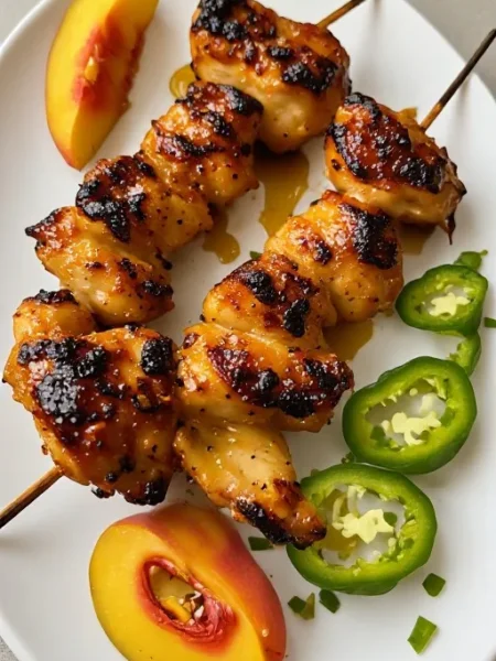 Jalapeño peach chicken skewers with caramelized glaze on plate ready to serve