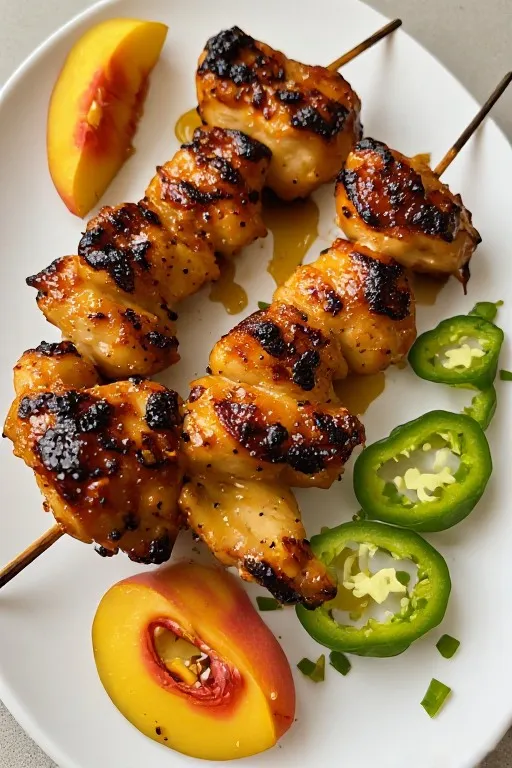 Jalapeño peach chicken skewers with caramelized glaze on plate ready to serve