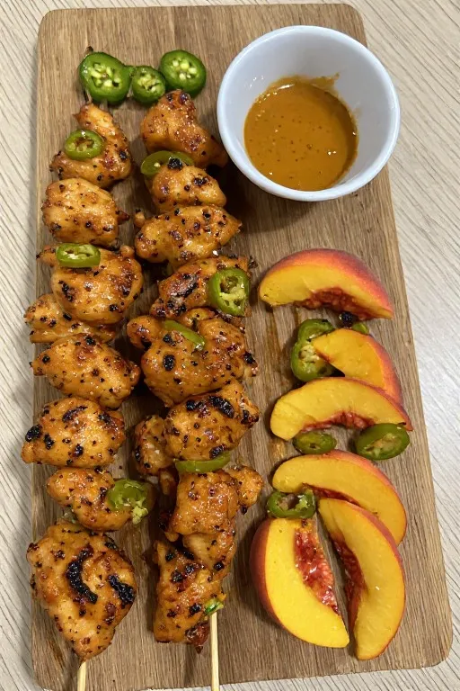Jalapeño peach chicken skewers served on wooden board with peach slices and extra glaze