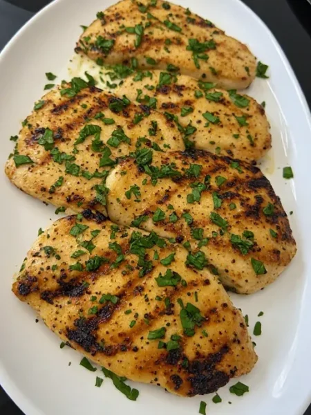 Lemon herb chicken breasts on white platter with fresh herbs and lemon slices