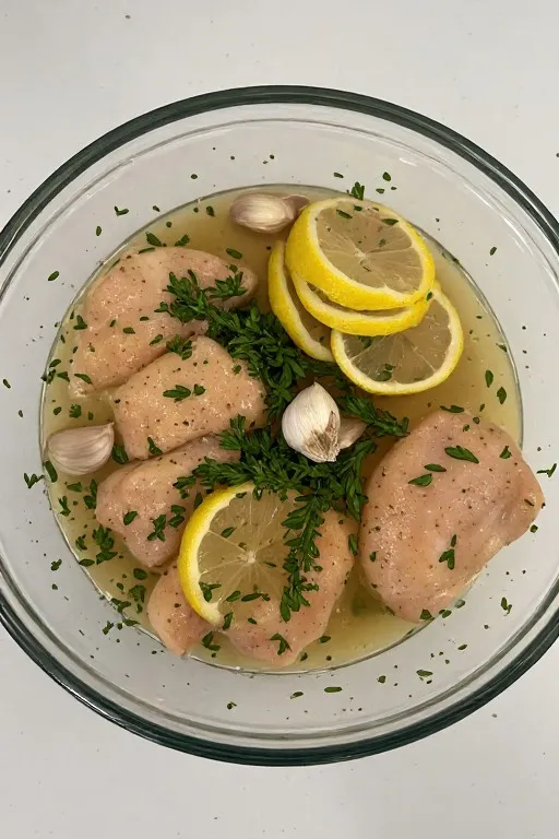 Chicken breasts marinating in lemon herb garlic marinade in glass bowl