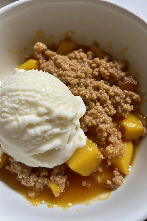 Warm peach crumble in bowl topped with melting vanilla ice cream
