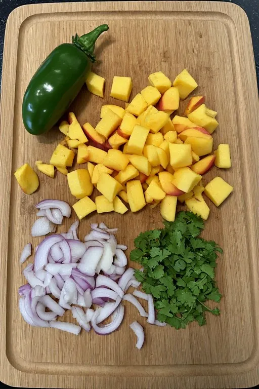 Diced peaches jalapeño red onion and cilantro on cutting board for peach salsa recipe