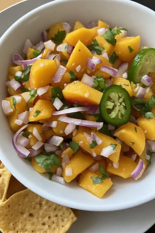 Peach salsa recipe served in rustic bowl with tortilla chips and lime