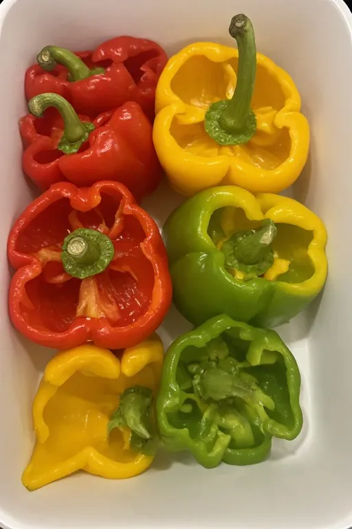  Hollowed bell peppers in baking dish ready to be stuffed for stuffed bell peppers recipe