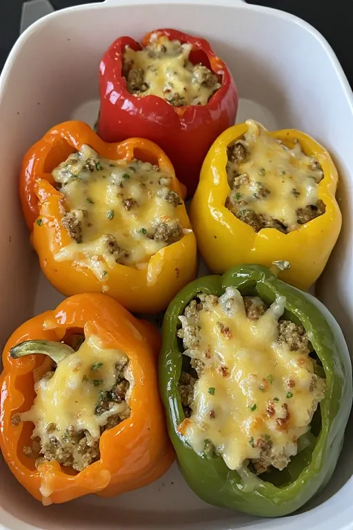Stuffed bell pepper cut in half on plate showing beef rice and cheese filling