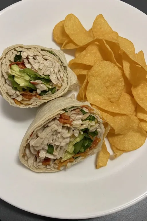 Turkey wrap sliced in half served on plate with chips