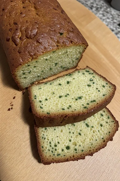 Zucchini bread recipe sliced on cutting board showing moist interior with green zucchini specks