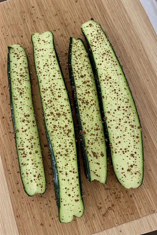 Seasoned zucchini planks on cutting board ready to grill for grilled zucchini recipe