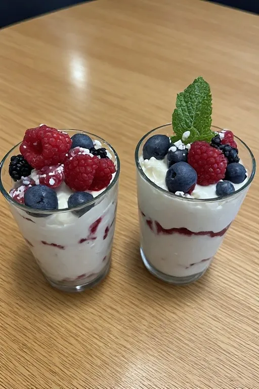 Two Greek yogurt parfaits in glasses topped with fresh berries