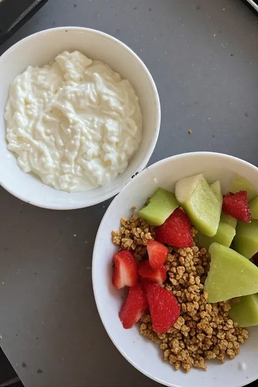 Bowl of Greek yogurt with granola and sliced fruit before layering