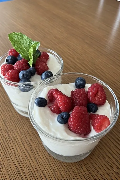 Two Greek yogurt parfaits in glasses served
