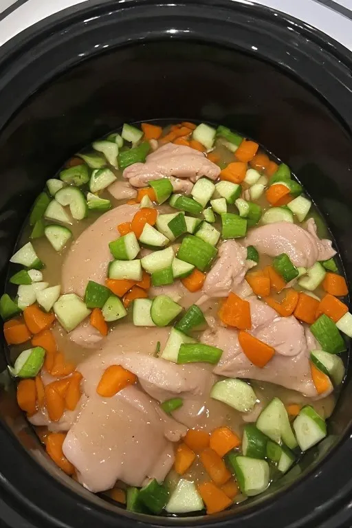 Crockpot filled with chicken vegetables and broth before cooking