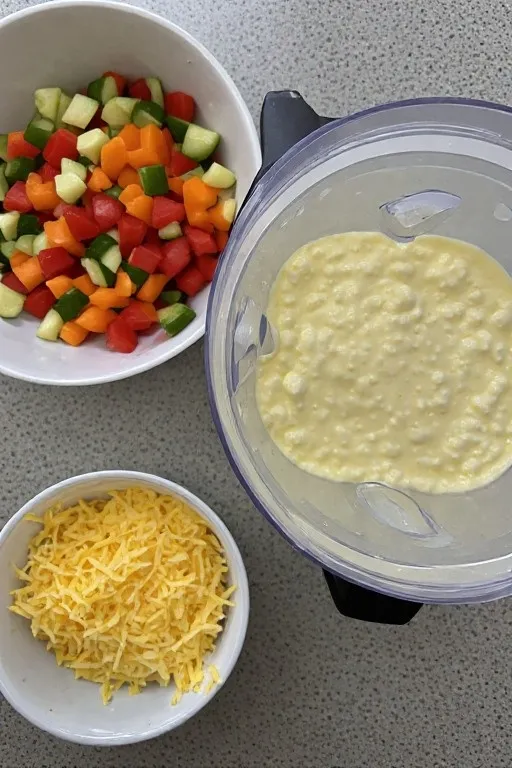Blended eggs and cottage cheese next to diced vegetables and cheese