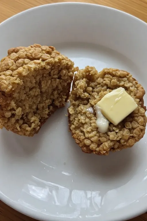 Banana oatmeal muffins split open with melting butter on plate