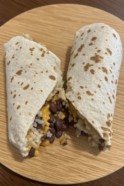 Bean burrito sliced in half showing beans rice and cheese inside