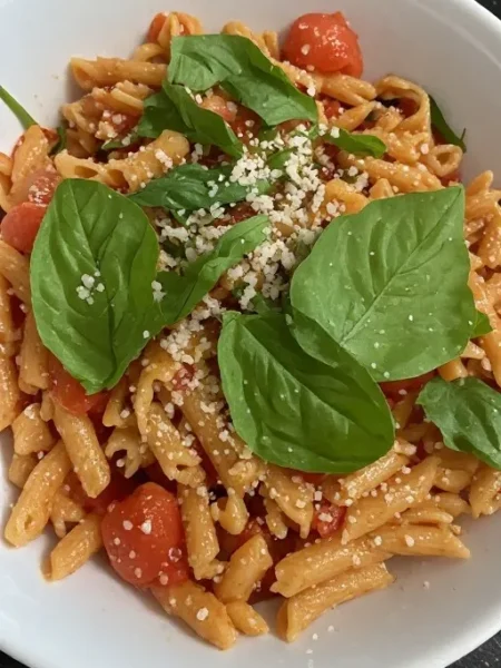 Tomato basil pasta in bowl with fresh basil and parmesan