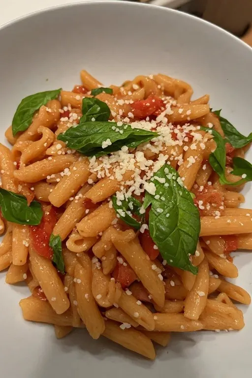 Tomato basil pasta twirled on fork with basil and parmesan