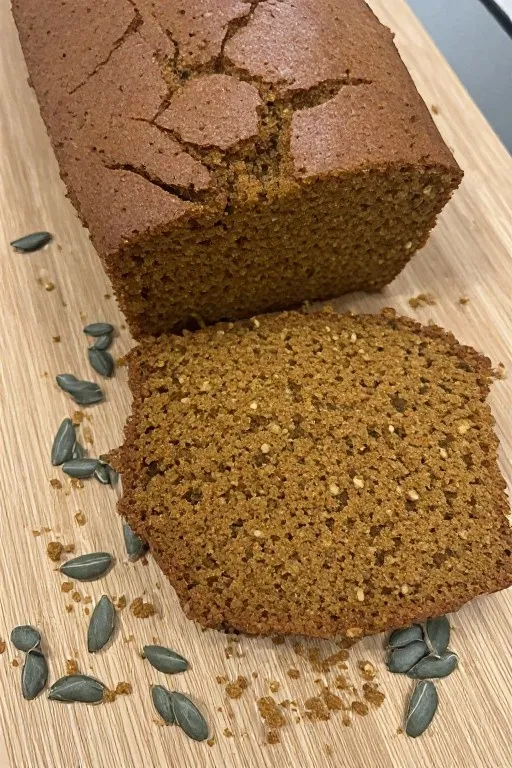 Loaf of pumpkin bread with slices served on plate with butter