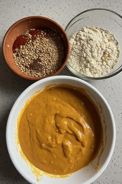 Pumpkin batter next to bowl of flour and spices before combining