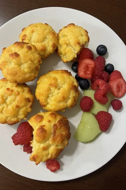 Cottage cheese egg muffins served on plate with fresh fruit